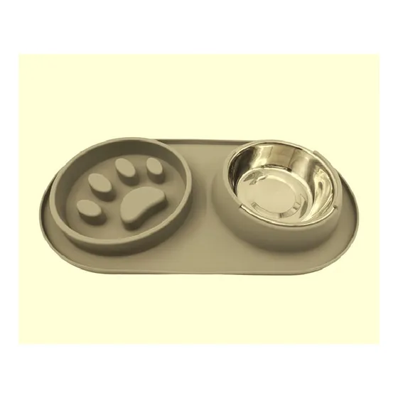 Plato Comedero Lento 2 Servicios Base Silicona Patita Gris