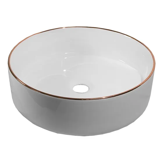 Lavabo De Lujo Redondo Cerámico Bordes Dorados Baño