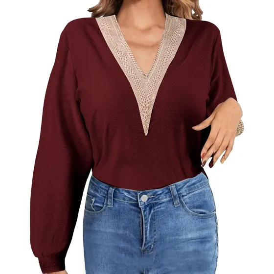 2 Blusa Manga Larga Primavera Camiseta Casual Holgada Encaje