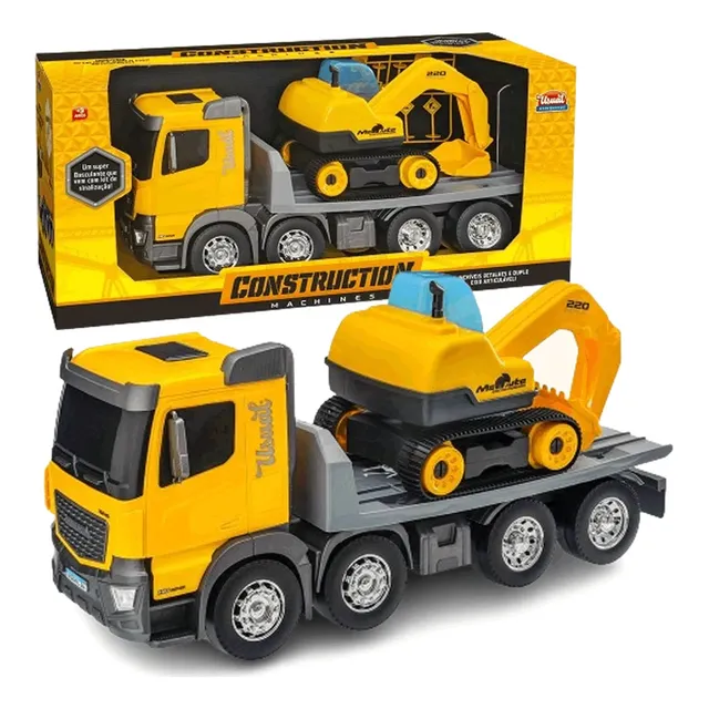 Camión Amarillo Con Excavadora Y Maquinaria De Construcción