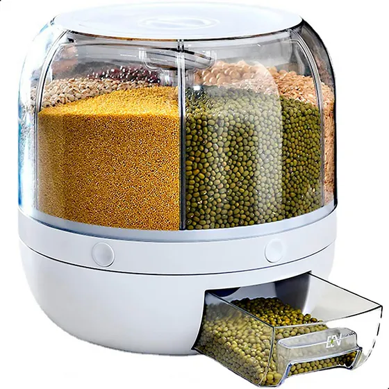 Dispensador de granos de arroz, 6 divisiones, giratorio