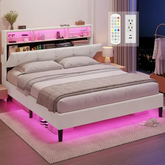 Estructura De Cama Tamaño Queen Con Cabecera Y Luces Led