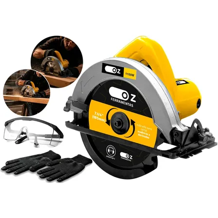 Serra Circular Elétrica Para Madeira 7.1/4 Pol 1100w Profissional Kit Com Luvas E Óculos Oz Amarelo 127v 60 Hz