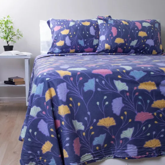 Sábanas Polar Térmicas Estampadas Bloom 1.5 Plazas Doral Violeta Oscuro Floreado