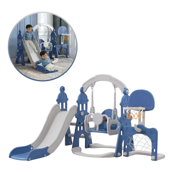 Tobogan Para Niños 4 En 1 Columpio Canasta Y Arco De Futbol Color Azul acero