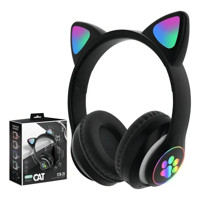 Fone De Ouvido Orelha Gato Gatinho Cat Led Bluetooth Preto