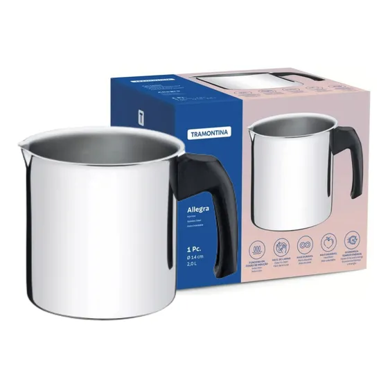 Fervedor De Indução Tramontina Allegra Caneco Canecão Leiteira Aço Inox Cabo De Baquelite 14 Cm 2 Litros Altamente Durável Alta Segurança Design Estiloso Tecnologia Para Todos Os Tipos De Fogões
