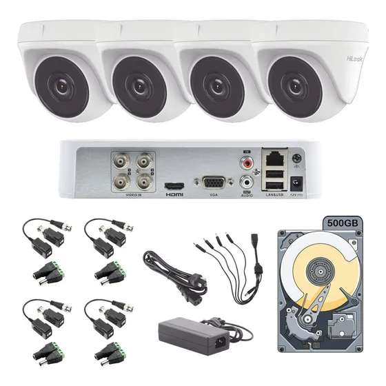 Kit Circuito Cerrado Hilook Dvr 4 Canales 4 Camaras Domo 1080p 2mp Full Hd Thc-t120-pc Video Baluns y Disco Duro 500gb