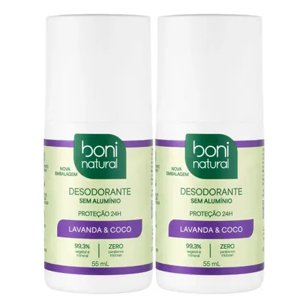 Kit Desodorante Roll On Boni Natural de Lavanda com Coco e Magnésio (2 Unidades) 55 mL
