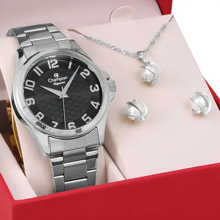 Kit Relógio Feminino Champion Prata Preto Aprova D'água + Cor Da Correia Prateado Cor Do Bisel Prateado