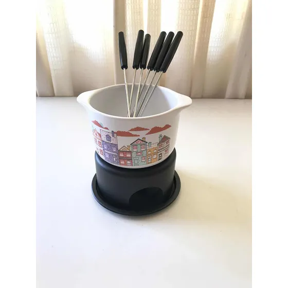 Fondue Mini, Tazón De Cerámica, Mechero Base, 4 Pinchos