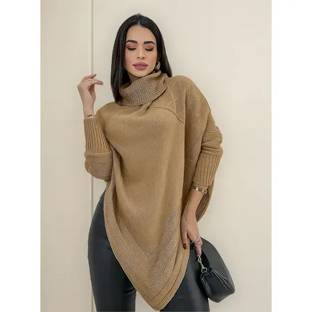 Blusa Poncho Tricot Assimétrico Alongado Manga Longa Suéter Nude Único