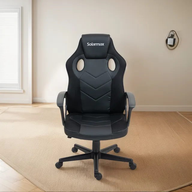 SILLA GAMER SOLARMAX ERGONÓMICA GIRATORIA ESTUDIO OFICINA COLOR NEGRO MATERIAL DEL TAPIZADO CUERO SINTÉTICO Y MESH