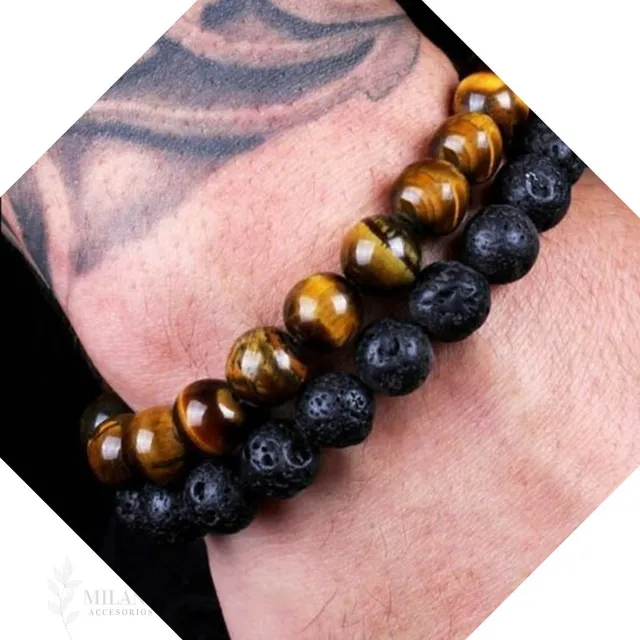 Pulsera Ojo De Tigre, Agata Negra, Lava Hombre Piedras