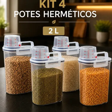 Kit 4 Pote Hermetico Plastico Armazenamento Alimentos Graos Sabao em Po Organizador de Cozinha Copo Amaciante Medidor Multiuso 2L