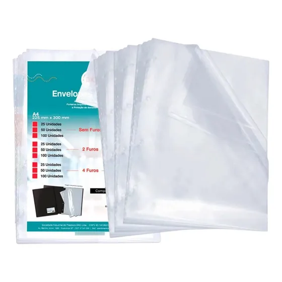 Envelope Plástico Fino A4 P/pasta Catalogo 4 Furos 100 Unid
