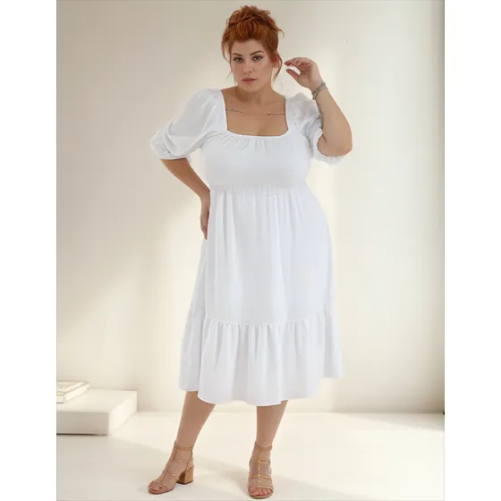 Vestido Feminino Midi Manga Curta Duna Poliéster Plus Size