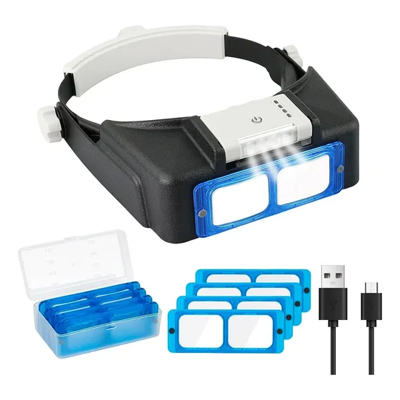 Lupa Para Diadema Con Luz Led Recargable Doble Lente Azul