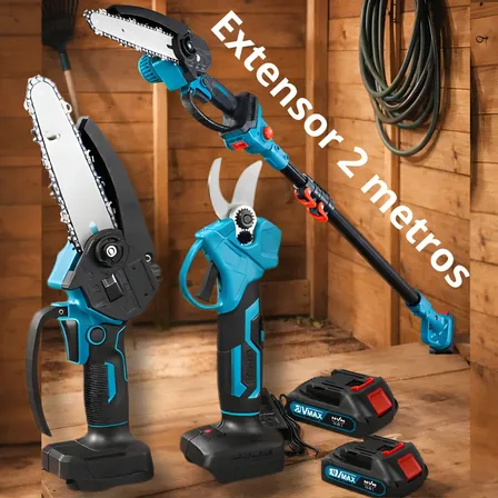 Motosserra Sem Fio Tesoura Poda E Extensor Kit Completo 48v Preto E Azul Com Duas Baterias 127/220v