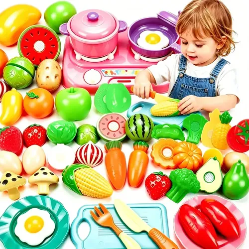 JOYIN Juguete De Cortar Alimentos De Fieltro Y Plástico | Set De Cocina Con Frutas, Verduras Y Carnes | Clasificación Por Colores Y Cestas | Aprendizaje Preescolar
