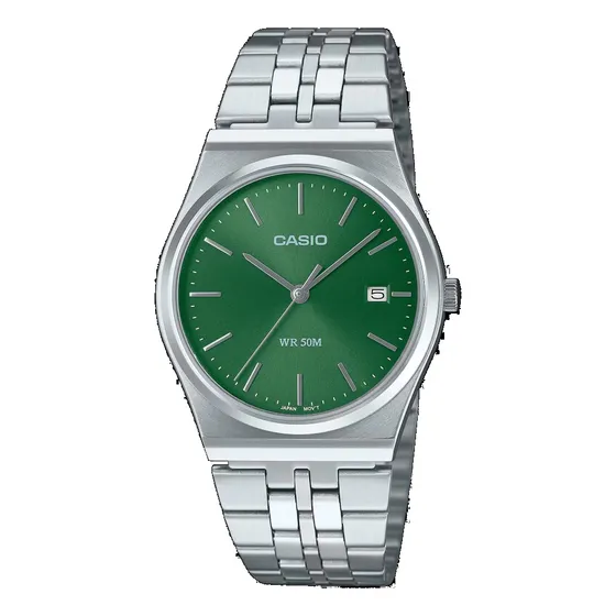 Reloj Casio Hombre Mtp-b145d-3a Calendario Acero Sumergible Malla Plateado Bisel Plateado Fondo Verde