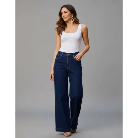 Calça Jeans Feminina Wide Leg Com Elastano Sawary Azul-escuro Liso 42