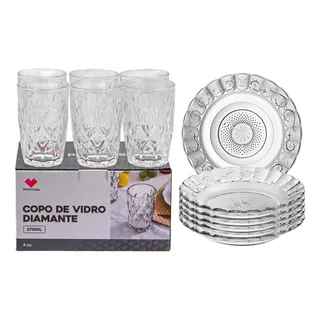 Jogo Jantar 12 Peças Com 6 Pratos Fundo + 6 Copos Diamante Jogo Jantar 12 Peças Com 6 Pratos Fundo + 6 Copos Diamante