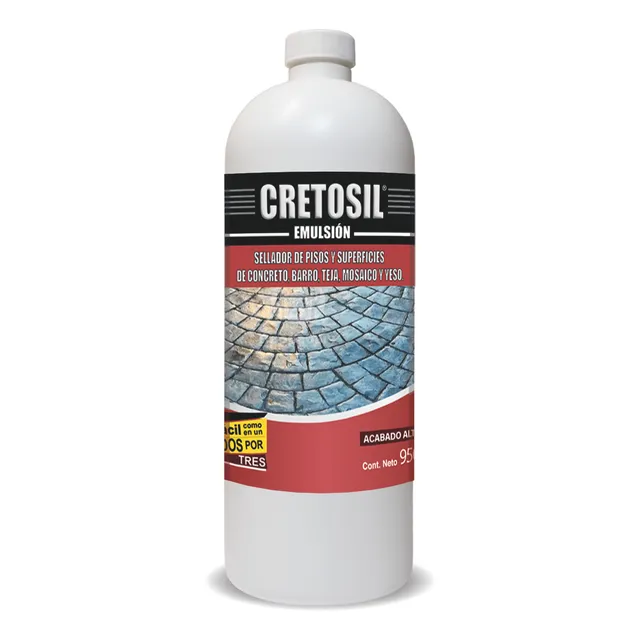 Cretosil Emulsión Sellador Apto para Pisos y Superficies porosas como: Concreto, Barro, Teja, Ladrillo, Cantera, Yeso, Piedras y más. 950 Mls. ( Acabado Brillante, Color Transparente )