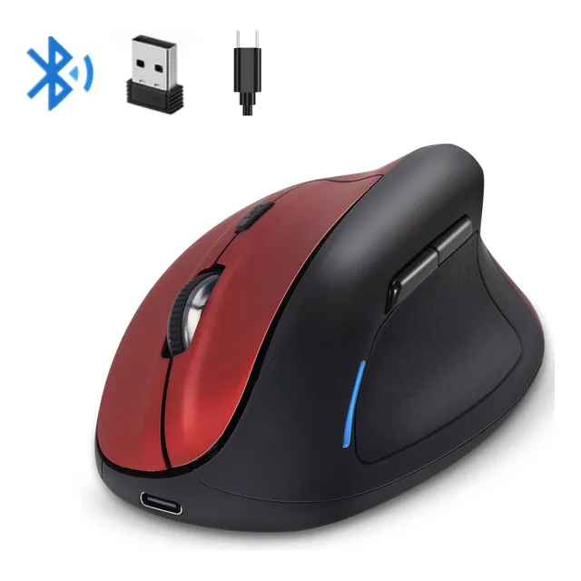 TERPORT Mouse Inalámbrico Vertical Ergonómico Con Reposapulgar, Bluetooth/2.4G USB/Cableado, 4800 Dpi, 6 Botones, 400mAh Batería Integrada, Mouse Recargable Color Rojo