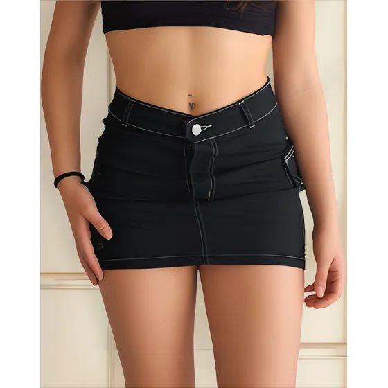 Pollera Cargo Elastizada Negra Hilo Blanco Mujer Kinoa Denim