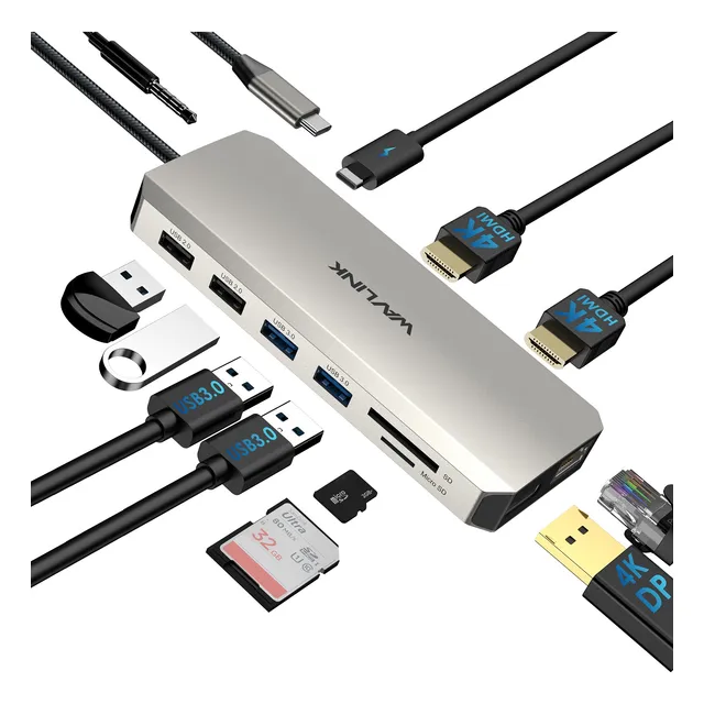 Adaptador Usb C A Dual Hdmi Dp 4k Wavlink Hub Usb C 12-en-1
