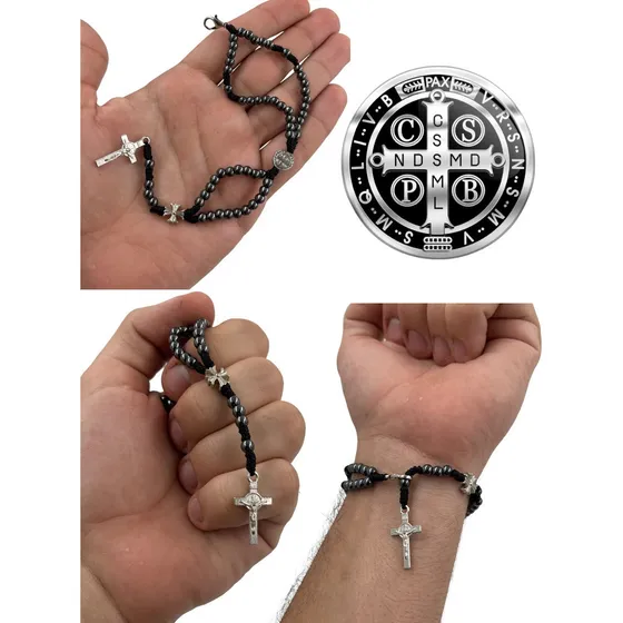 Terço Luxo De São Bento P/ Pulso Medalha De Inox Comprimento 21 cm Diâmetro 1 cm