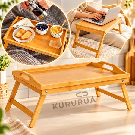 Bandeja Café Da Manha Na Cama Em Bambu Pés Dobraveis 50x30cm Marca Kururuá