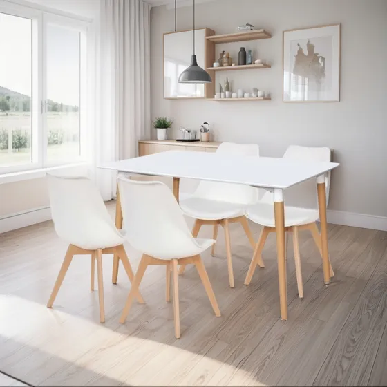 Mesa Tulip Eames Nordica 120x80 + 4 Sillas Eames Blancas