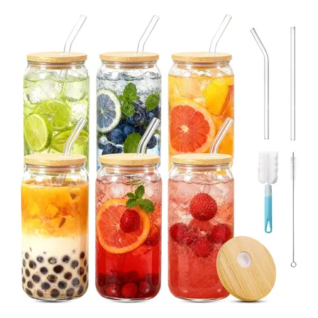 Set De 6 Vasos Lata Vidrio 16oz Con Tapas Bambú Popote Blanco