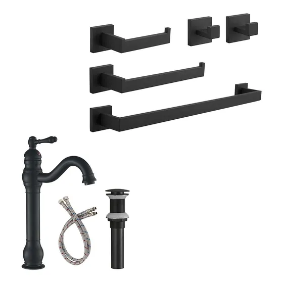 Bathlavish Juego 5 Pieza Grifo Fregadero Negro Mate Baño