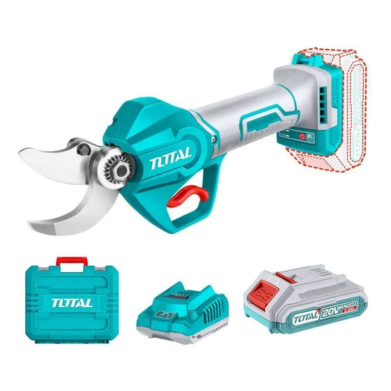 Tijera de poda inalámbrica Total 20v color turquesa motor brushless sin carbones capacidad de corte 3cm con 1 batería 2.0ah litio-ion cargador y maletín plástico tssli203083