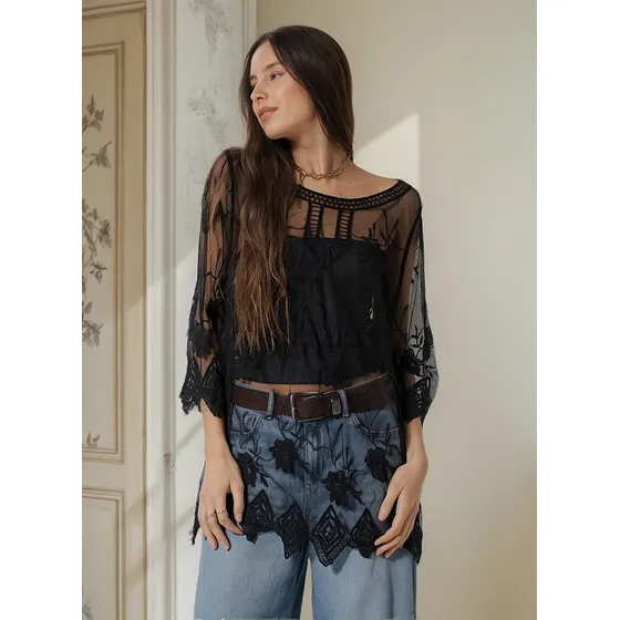 Blusa De Mujer Scarlett De Tull Con Flores Bordadas Guch5085