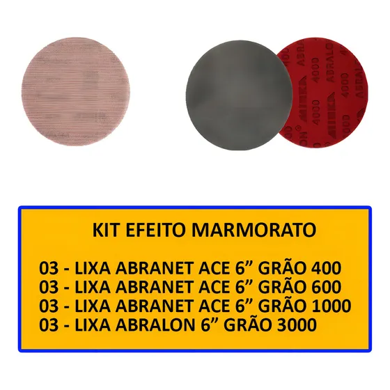 Kit para efeito mármore ou marmorato com 9 lixas Abranet ace e 3 lixas Abralon de 150mm da Mirka