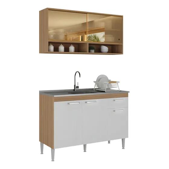 Kit Armário Cozinha Compacta 120cm Paris Multimóveis Mp2232 Cor Rustic/Branco