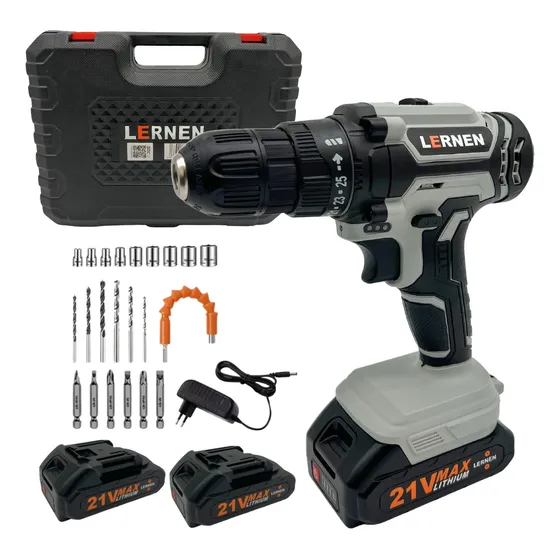 Kit Taladro Destornillador Inalámbrico Lernen 21v + 2 Baterías Color Gris