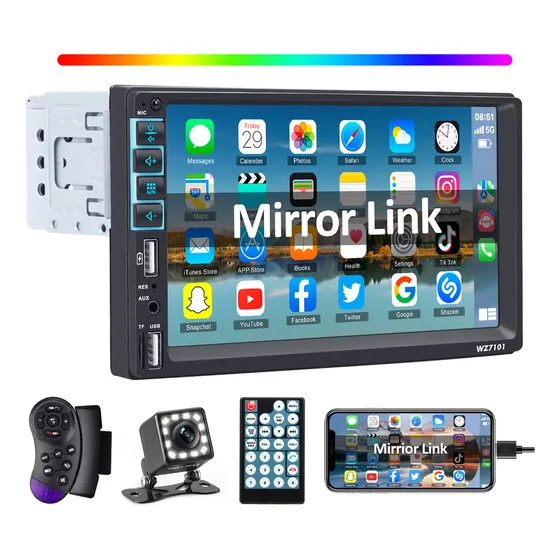 Autoestereo Hivoz 7101A Estereo Doble Din Pantalla Táctil Mirrorlink 7" Bluetooth y 12 led Cámara Usb con Pantalla Fm 32g Sd Mp5 Para Carro Aux Reproductor Multimedia Auto 4x60w Color Negro
