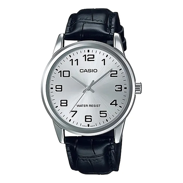 Reloj pulsera Casio MTP-V001L-7BUDF con correa de cuero color negro - fondo plateado