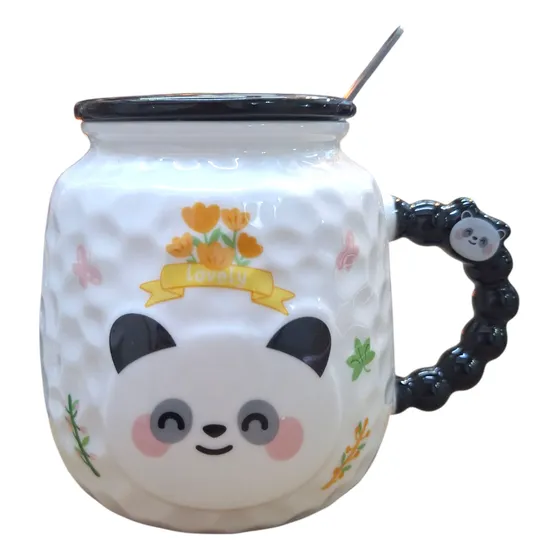 Taza De Cerámica Modelo Panda. Con Tapa Y Cucharita
