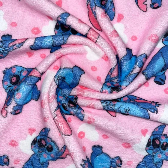 Tecido Fleece Quentinho Lilo Stitch Fundo Rosa Com Corações