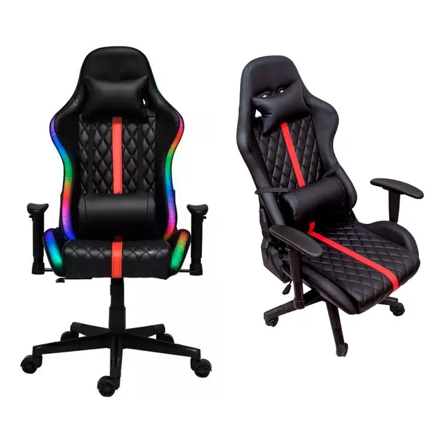 Silla De Escritorio Gamer Oficina Luz Led Rgb Ergonomica Color Negro Material Del Tapizado Cuero Sintético