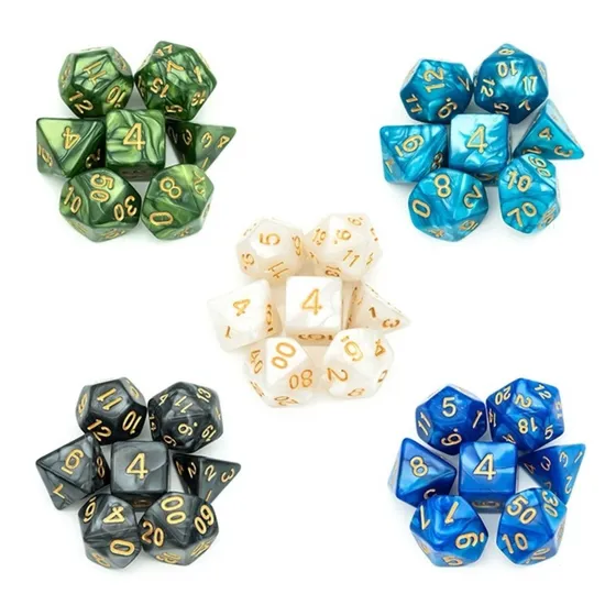 Kit 07 Dados Rpg De Mesa Perolado D4 D6 D8 D10 D10% D12 D20