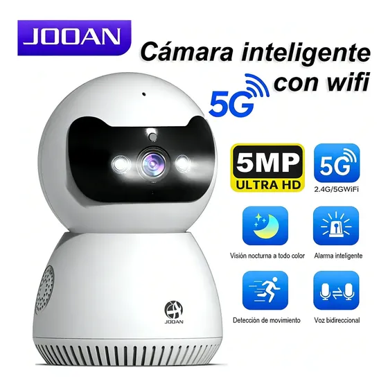 Jooan Cámara Hogar Interior PTZ 5MP Ultra HD WiFi Dual Banda 2.4G/5GHz 360° Sin Puntos Ciegos Detección Humana Inteligente Visión Nocturna Color Audio Bidireccional Almacenamiento MicroSD Hasta 256GB