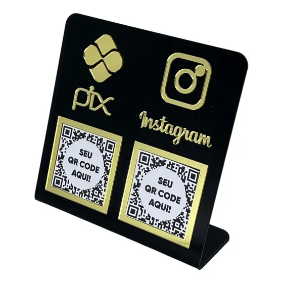 Placa Pix Instagram Qr Code Display Acrílico Preto Dourado