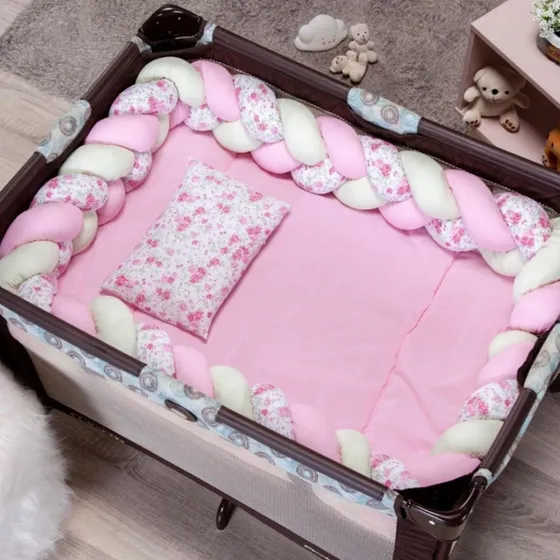 Kit Berço Desmontável Chiqueirinho Com Trança Menina 5pcs Cor Linda Rosa